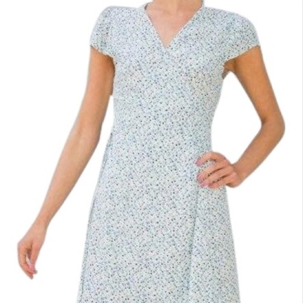 Blue and white floral midi Robbie wrap dress